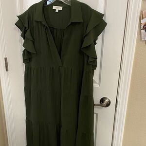 Umgee Dark Olive Tiered Ruffle Sleeve Maxi Dress